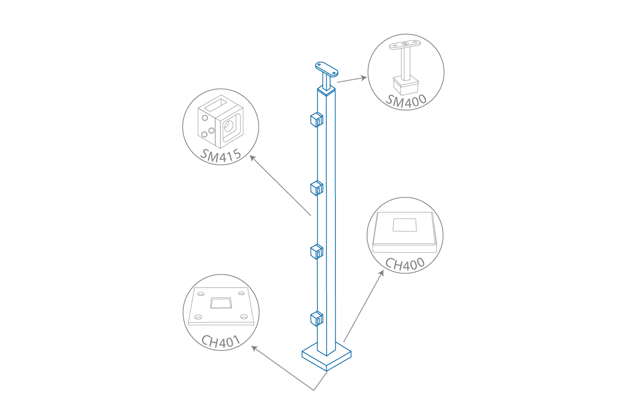 Dessin de définition de poteau en tube carré 40x40 mm avec 4 supports transversales 15x5 mm Dessin de définition de poteau en tube carré 40x40 mm avec 4 supports transversales 15x5 mm