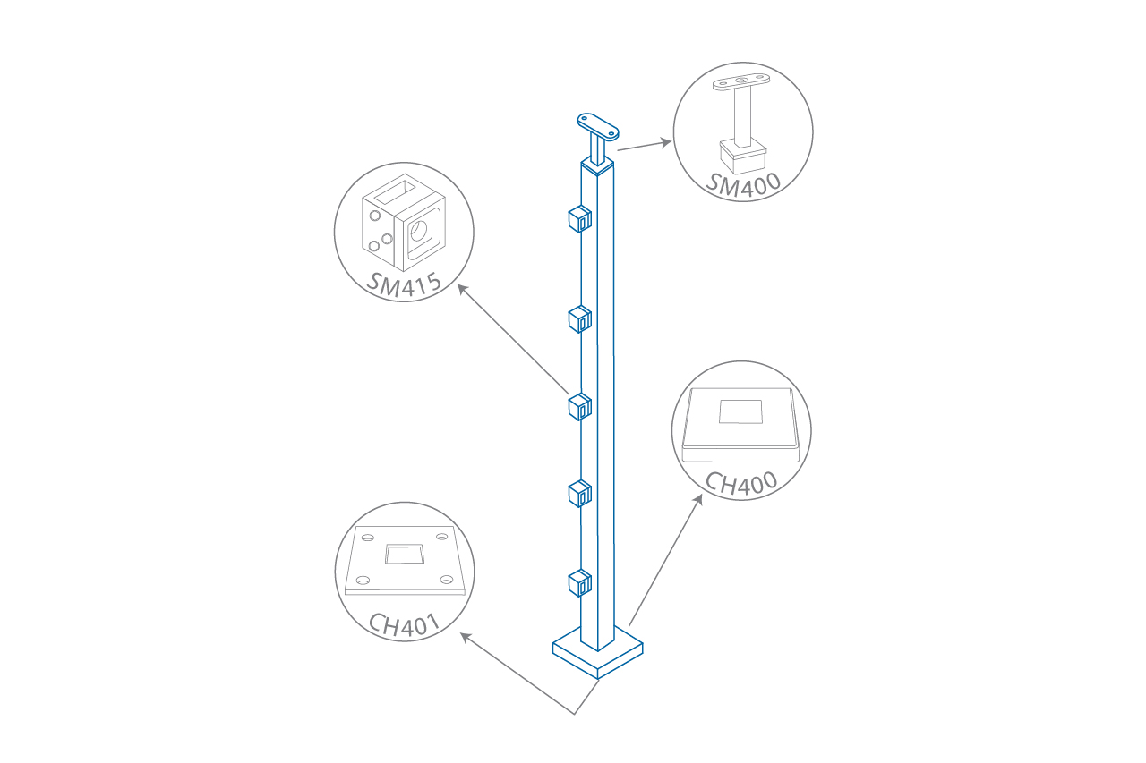 Dessin de définition de poteau en tube carré 40x40 mm avec 5 supports transversales 15x5 mm Dessin de définition de poteau en tube carré 40x40 mm avec 5 supports transversales 15x5 mm
