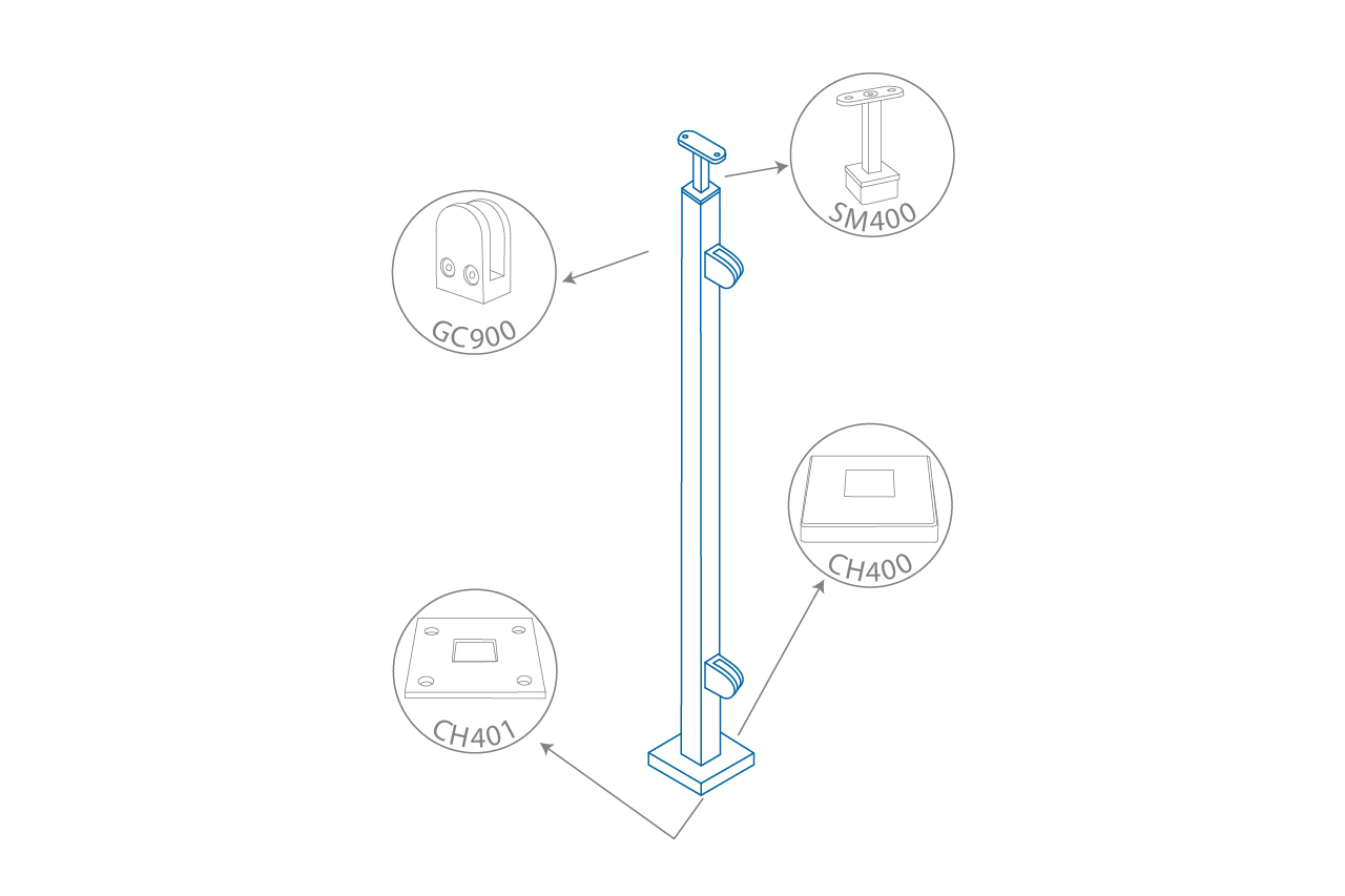 Dessin de définition de poteau en tube carré 42.4 mm avec 2 pince à verre plat g=8-10 mm Dessin de définition de poteau en tube carré 42.4 mm avec 2 pince à verre plat g=8-10 mm