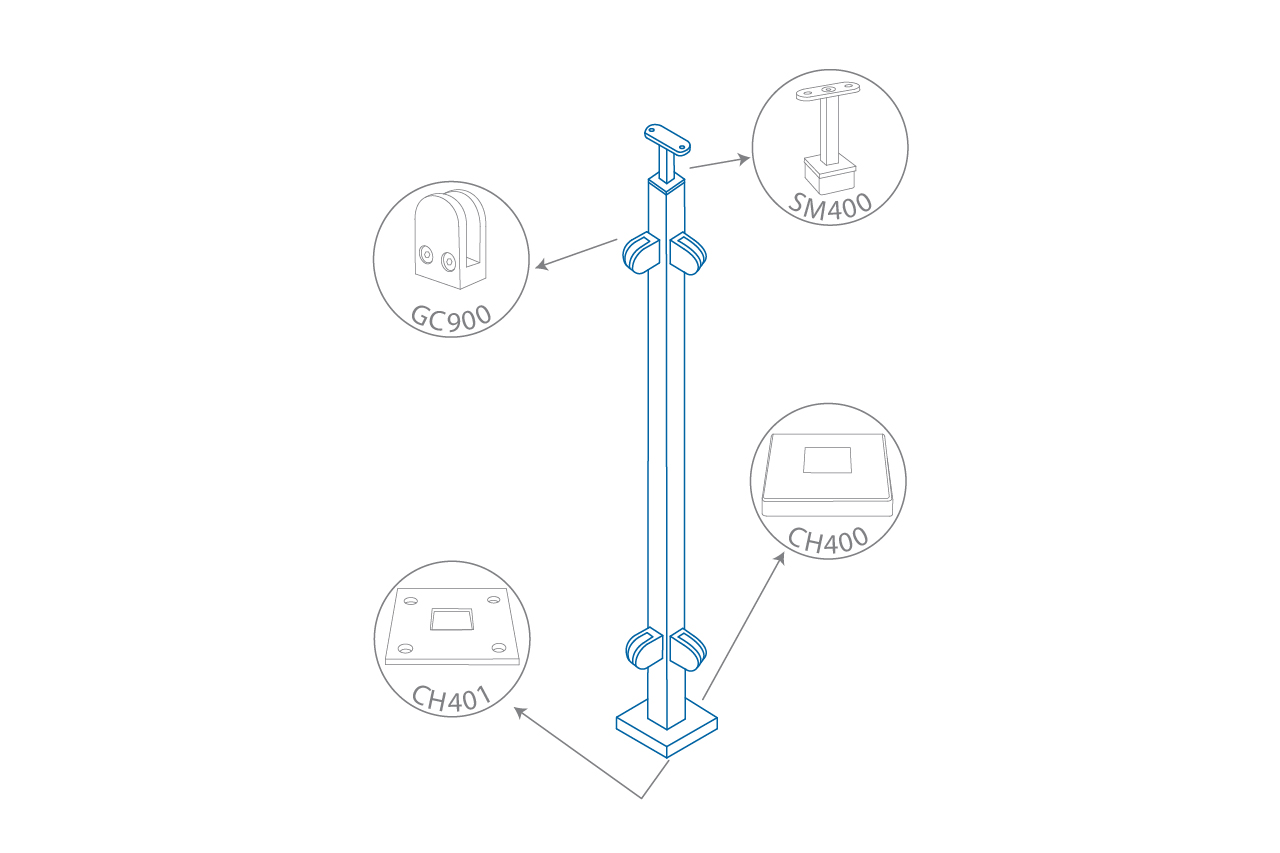 Dessin de définition de poteau en tube carré 42.4 mm avec 4 pince à verre plat g=8-10 mm Dessin de définition de poteau en tube carré 42.4 mm avec 4 pince à verre plat g=8-10 mm