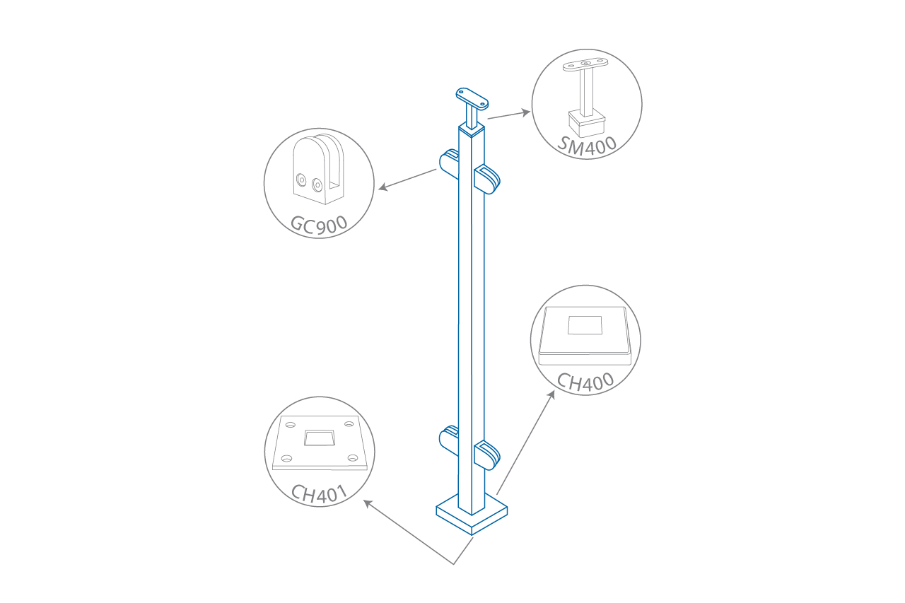 Dessin de définition de poteau en tube carré 42.4 mm avec 4 pince à verre plat g=8-10 mm Dessin de définition de poteau en tube carré 42.4 mm avec 4 pince à verre plat g=8-10 mm