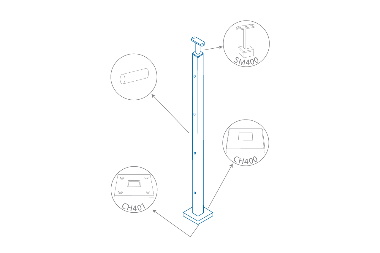 Dessin de définition de poteau à 4 trous en tube carré 40x40 mm avec perçage rond 12 mm Dessin de définition de poteau à 4 trous en tube carré 40x40 mm avec perçage rond 12 mm