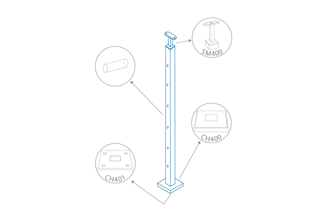 Dessin de définition de poteau à 6 trous en tube carré 40x40 mm avec perçage rond 12 mm Dessin de définition de poteau à 6 trous en tube carré 40x40 mm avec perçage rond 12 mm
